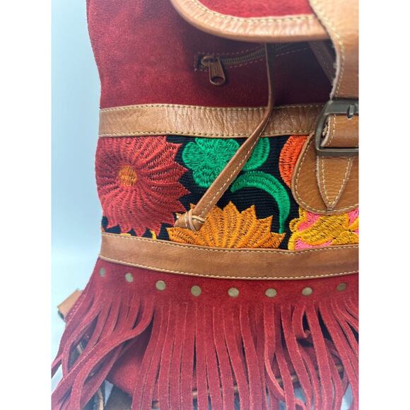 Unique Suede Handmade Boho Backpack Embroidered Tribal Aztec Southwest Hippy - Picture 3 of 7
